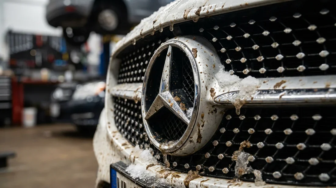 Vue de face d'une Mercedes avec l'étoile de calandre recouverte de boue et de neige