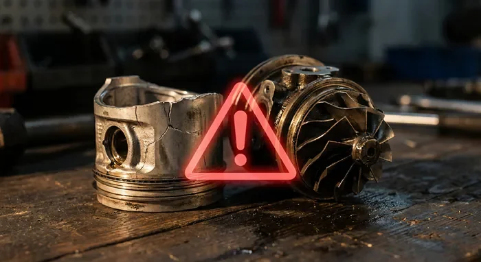 Casse moteur après reprogrammation : les recours - Reprog : comment éviter la casse ? Guide 2026 - Moteur cassé après reprog : qui est responsable ? Gros plan sur un piston moteur fissuré et un turbo endommagé avec symbole d'alerte.