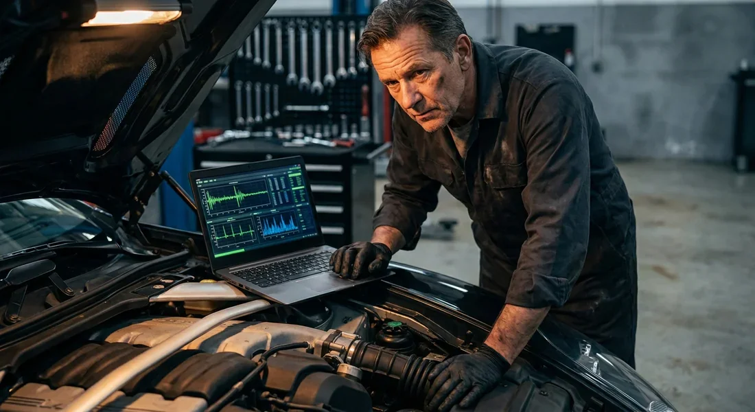 Mécanicien expert inspectant un moteur avec une valise de diagnostic dans un garage moderne.