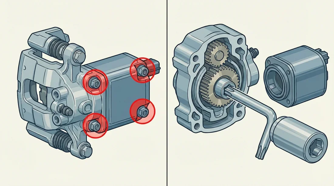 Emplacement des vis de fixation du moteur et accès mécanique à la vis Torx.