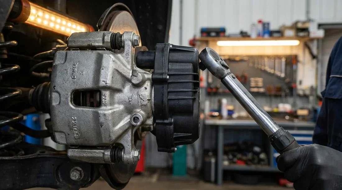 Gros plan sur un étrier de frein arrière avec moteur électrique EPB et un outil de mécanicien.