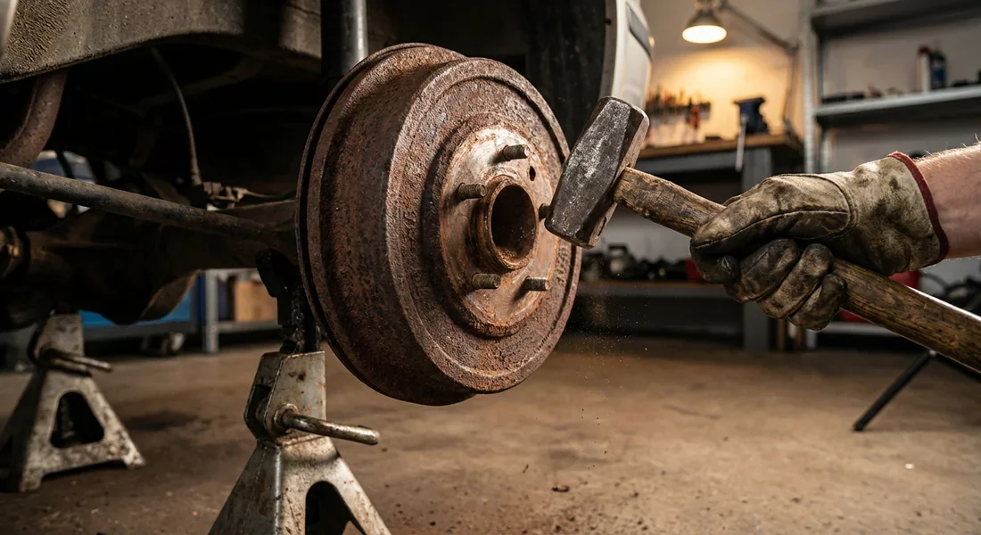 Démontage d'un tambour de frein grippé Tambour de frein rouillé sur une voiture sur chandelle avec un marteau prêt pour le démontage