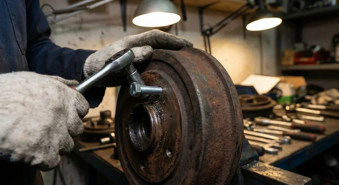 Technique d'extraction avec boulon M8 Utilisation du boulon M8 dans l'orifice d'extraction du tambour de frein