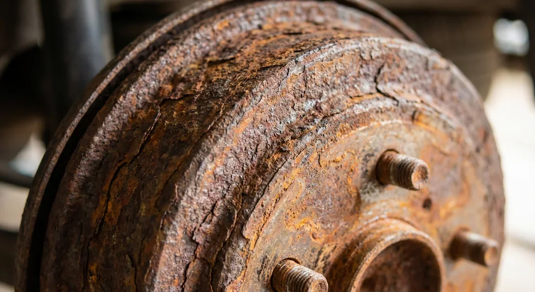 Détail de la rouille sur un tambour de frein Zoom sur la corrosion et la rouille bloquant un tambour de frein
