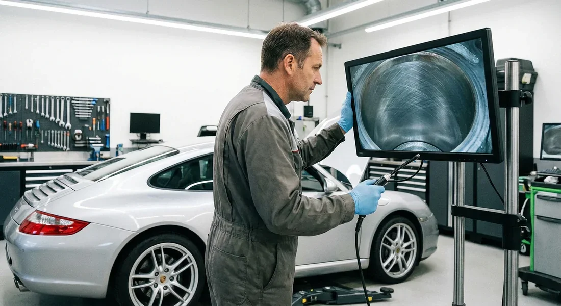 Inspection endoscopique préventive Mécanicien utilisant un endoscope pour vérifier l'état des cylindres d'une Porsche 911.