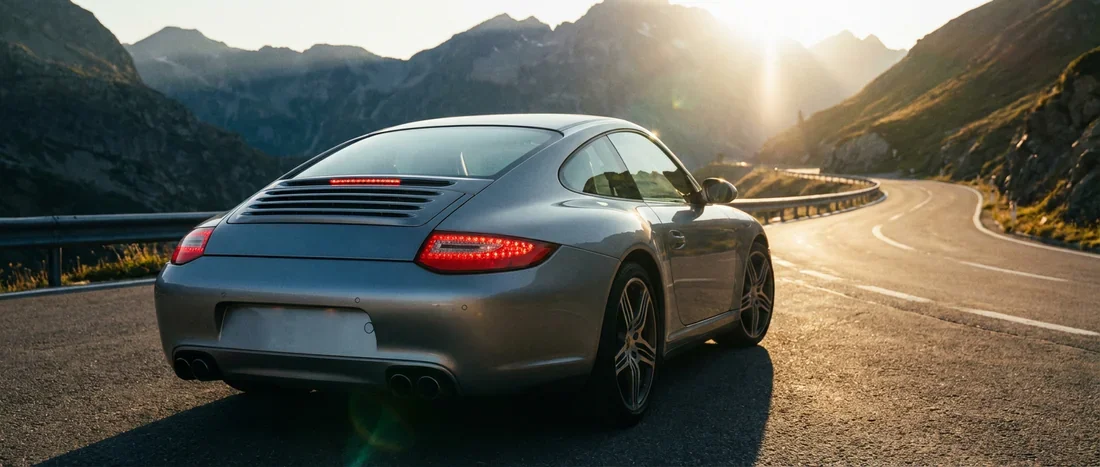 Porsche 997 Phase 2 - Design Extérieur et Optiques LED Vue arrière d'une Porsche 911 type 997 Phase 2 sur une route de montagne au coucher du soleil.