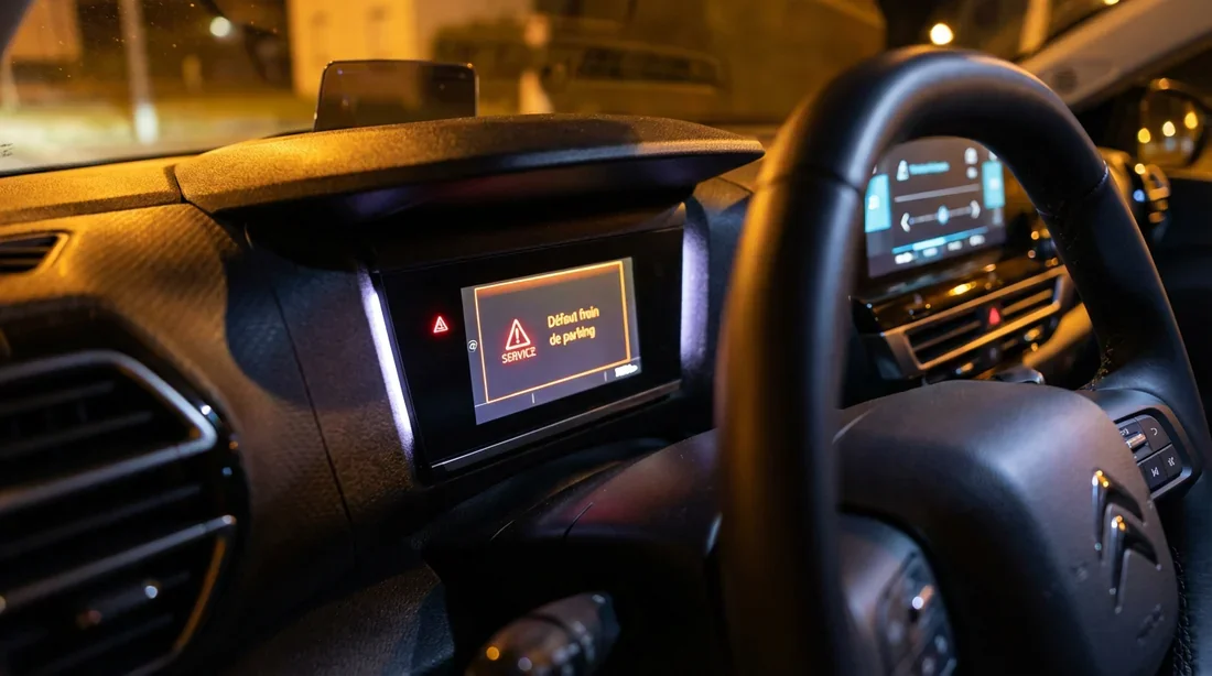 Tableau de bord de Citroën C4 affichant le message d'erreur Défaut frein de parking et voyant service.