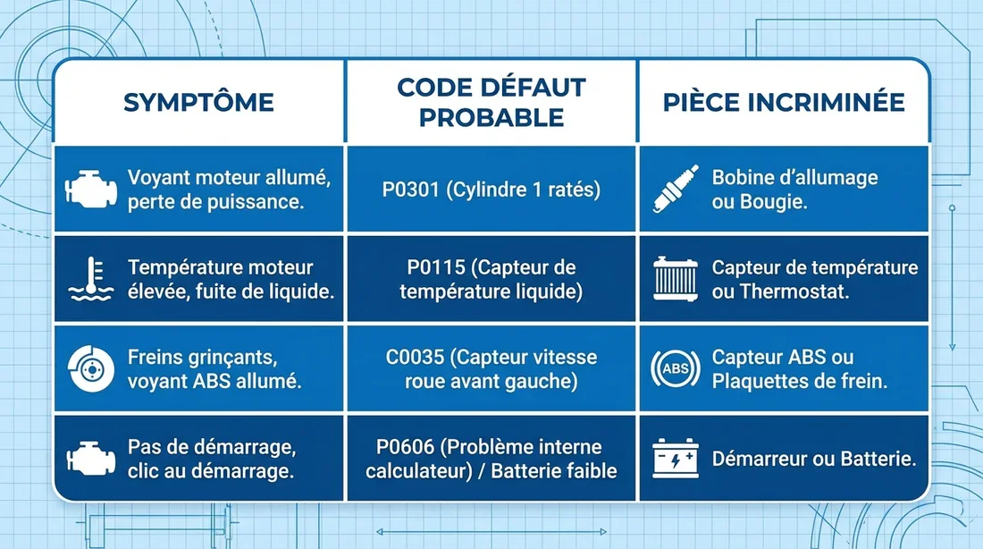 Tableau diagnostic capteur HP Infographie de diagnostic des pannes liées au capteur haute pression gasoil.