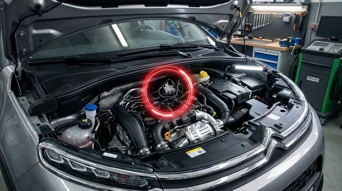 Emplacement caché du capteur de pression C3 Vue du moteur Citroën C3 1.4 HDI avec l'emplacement du capteur de pression mis en évidence par un cercle rouge.