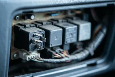 Gros plan sur les relais d'une BMW E46 avec flèche rouge indiquant le relais de pompe