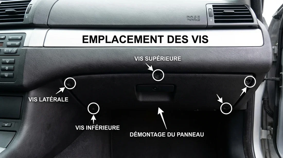 Tutoriel démontage boîte à gants BMW E46 Positions des vis de démontage de la boîte à gants BMW E46 pour accéder aux relais
