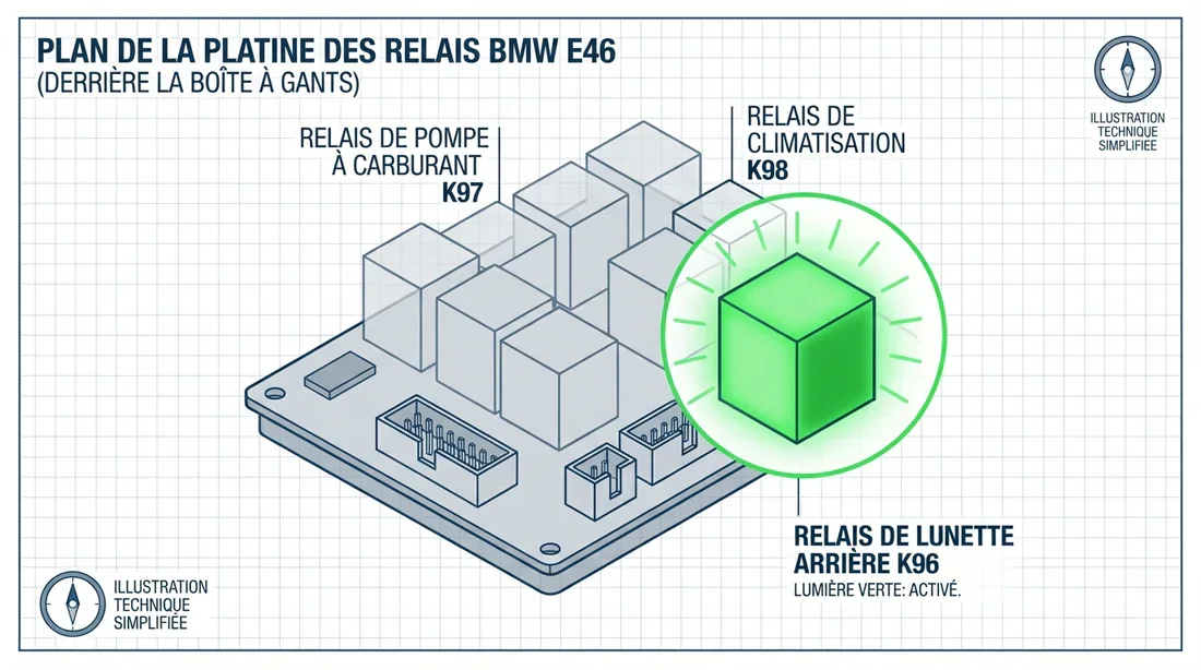 Schéma de la platine de relais derrière la boîte à gants Schéma technique de la platine de relais BMW E46 mettant en évidence le relais K96