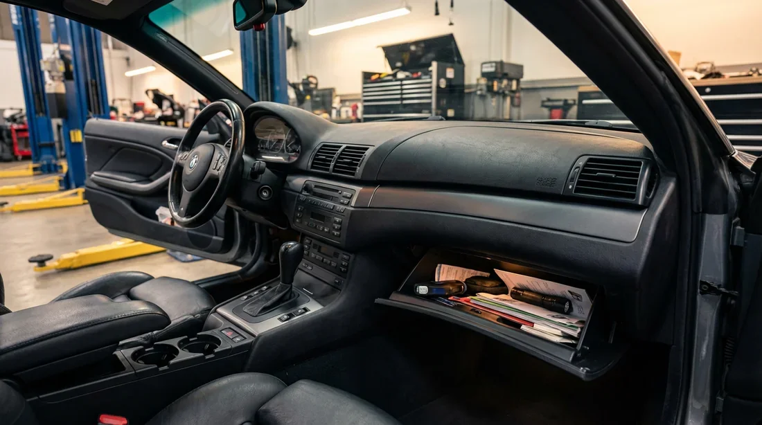 Emplacement du relais de pompe de gavage BMW E46 Vue de l'intérieur côté passager d'une BMW E46 avec la boîte à gants ouverte pour accéder aux relais