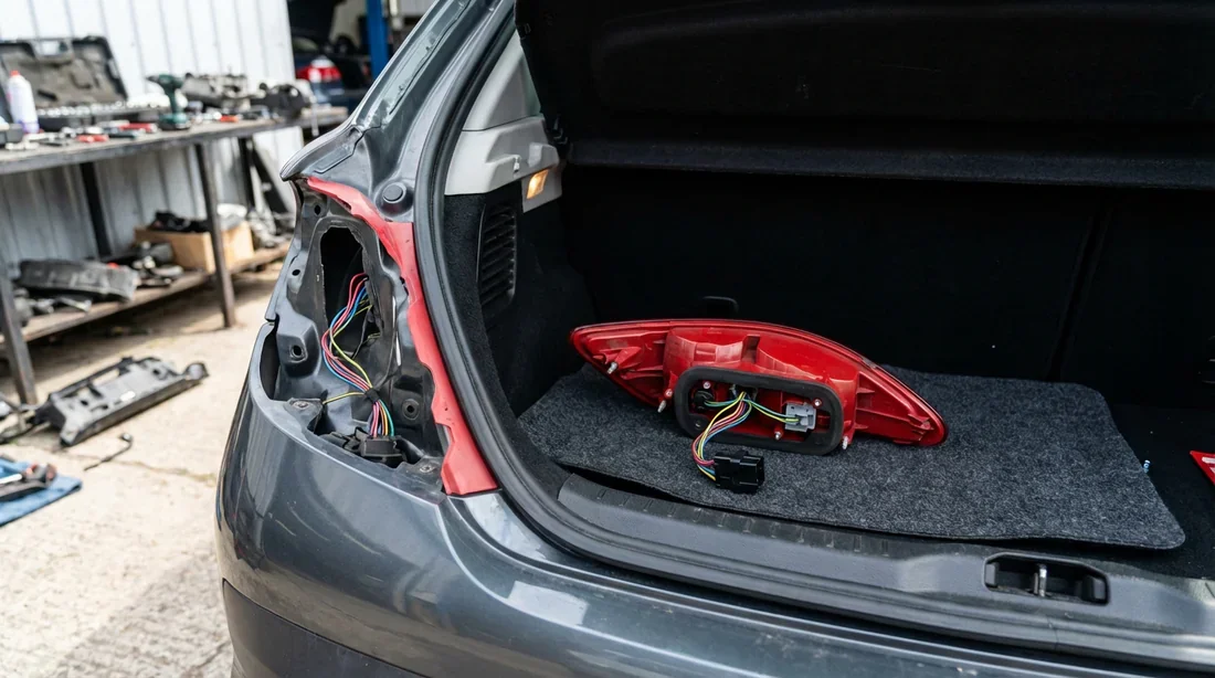 Vue du faisceau électrique et du bloc optique arrière démonté d'une Peugeot 207 dans le coffre