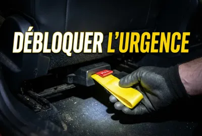 Miniature montrant une main tirant la sangle jaune de déblocage d'urgence du frein à main.
