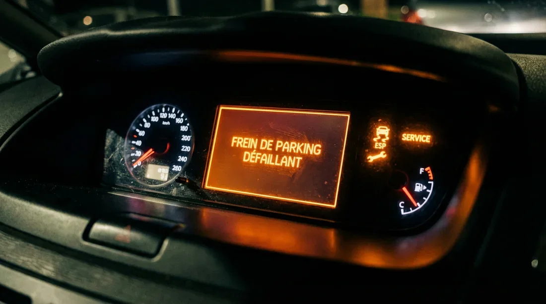 Tableau de bord Citroën C4 Picasso de nuit affichant le message d'erreur orange Frein de parking défaillant avec voyants de service.