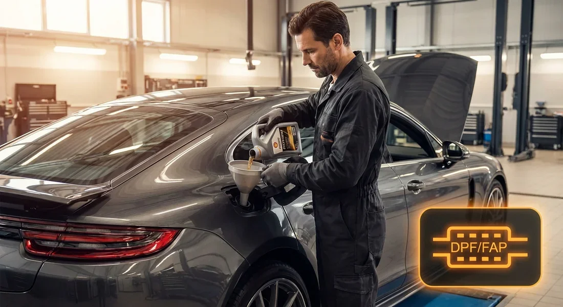 Mécanicien versant un additif de nettoyage FAP dans le réservoir d'une voiture moderne avec voyant orange