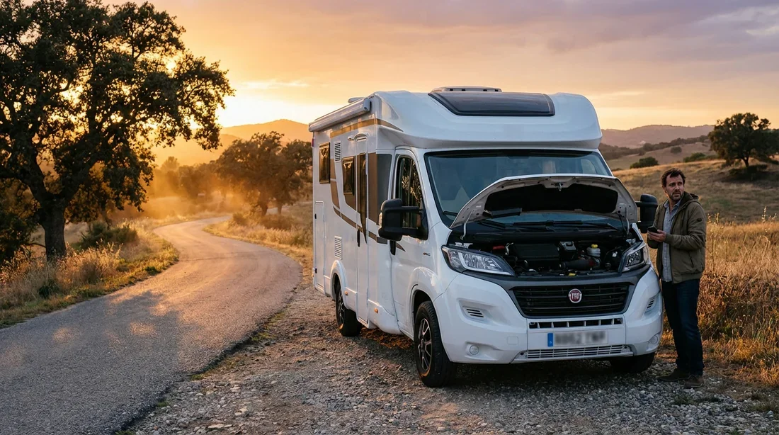Camping-car Fiat Ducato récent en panne sur une route de campagne avec le capot ouvert.