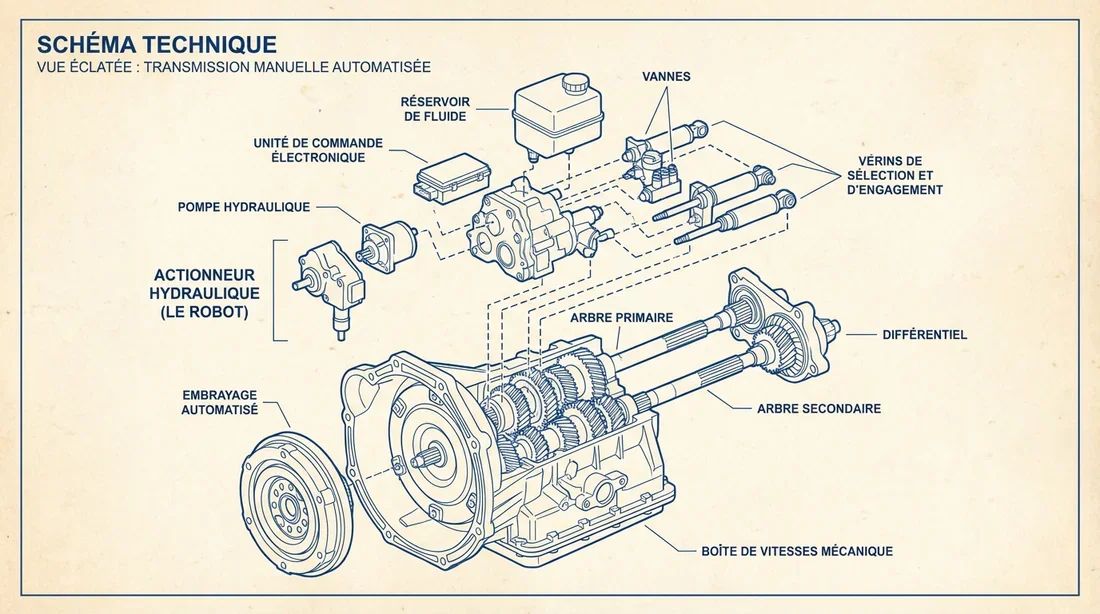 Schéma technique de l'actionneur hydraulique robotisé d'une boîte Comfort-Matic.