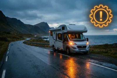 Voyant avarie boîte de vitesse Fiat Ducato sur fond de camping-car en panne.