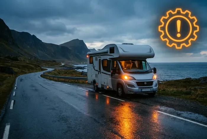 Voyant avarie boîte de vitesse Fiat Ducato sur fond de camping-car en panne.