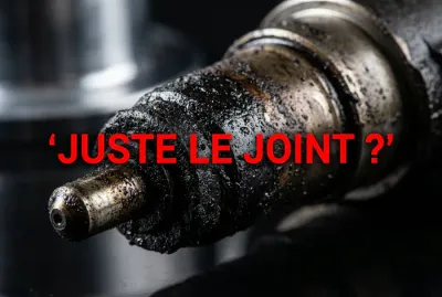 Injecteur diesel couvert de goudron noir calaminé avec texte interrogatif.