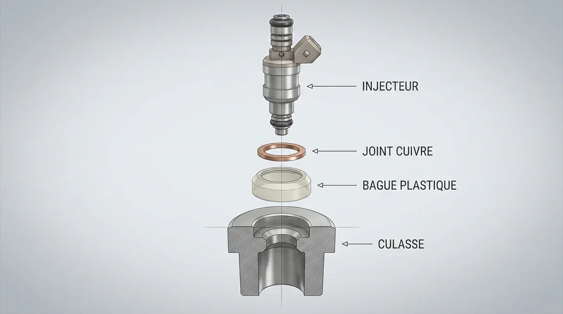 Schéma technique éclaté montrant l'ordre d'assemblage de l'injecteur et du joint en cuivre.