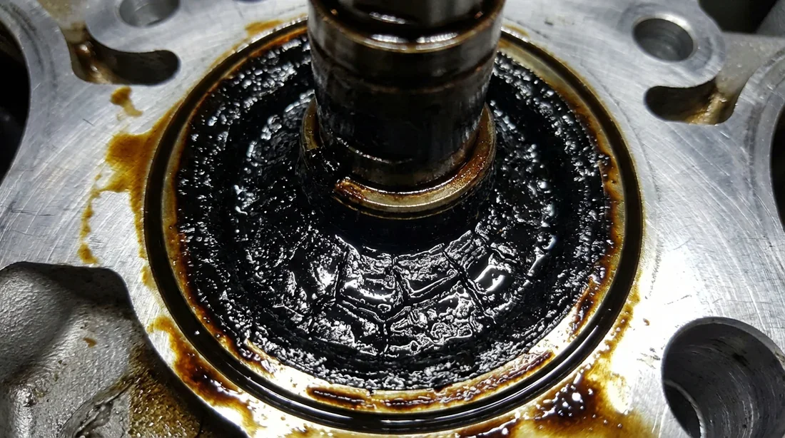 Zoom macro sur la fuite de goudron noir surnommée Black Death à la base d'un injecteur.