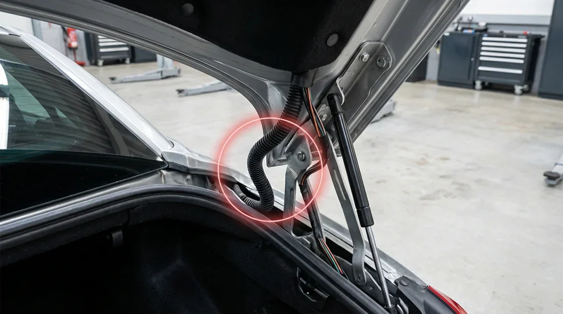 Localisation rupture faisceau électrique 308 CC Faisceau électrique de coffre Peugeot 308 CC au niveau de la charnière